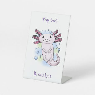Adorable pink axolotl cartoon pedestal sign