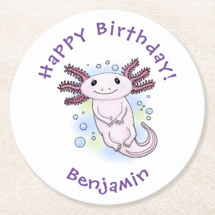 Adorable pink axolotl cartoon round paper coaster