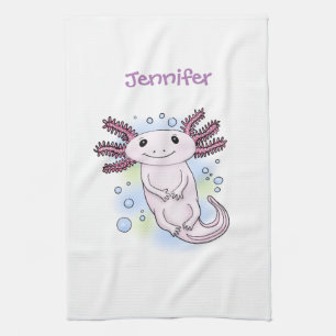 Adorable pink axolotl cartoon tea towel