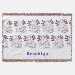Adorable pink axolotl cartoon throw blanket