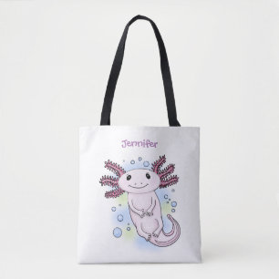 Adorable pink axolotl cartoon tote bag