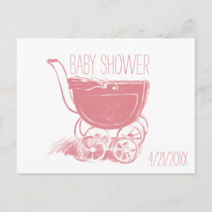 Adorable Pink Baby Girl Carriage Retro Baby Shower Invitation Postcard