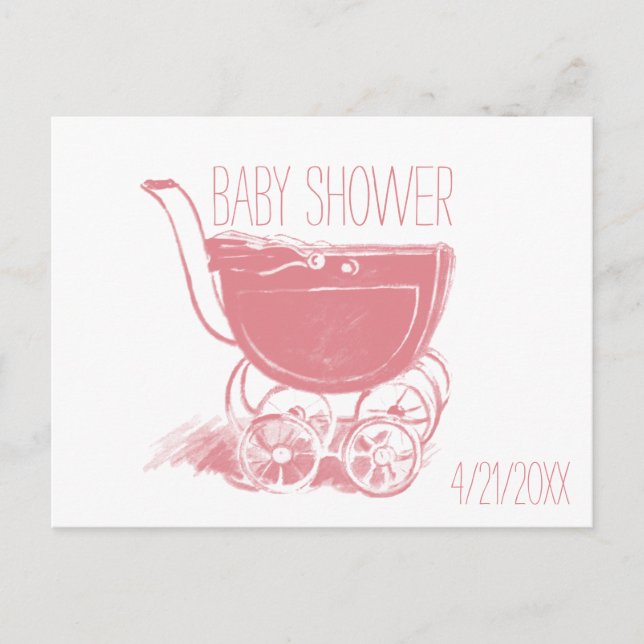 Adorable Pink Baby Girl Carriage Retro Baby Shower Invitation Postcard (Front)