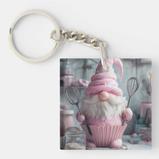 Adorable Pink Baking Gnome Cupcake Key Ring