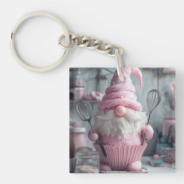  Adorable Pink Baking Gnome Cupcake Key Ring (Front)