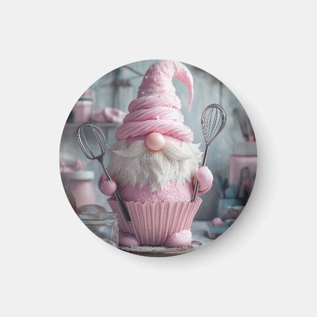  Adorable Pink Baking Gnome Cupcake Magnet (Front)