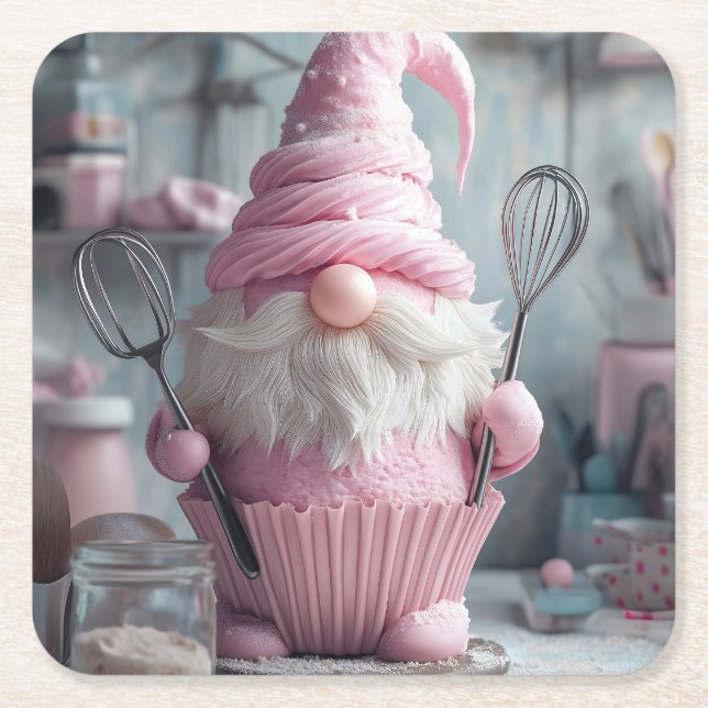  Adorable Pink Baking Gnome Cupcake Square Paper Coaster (Front)