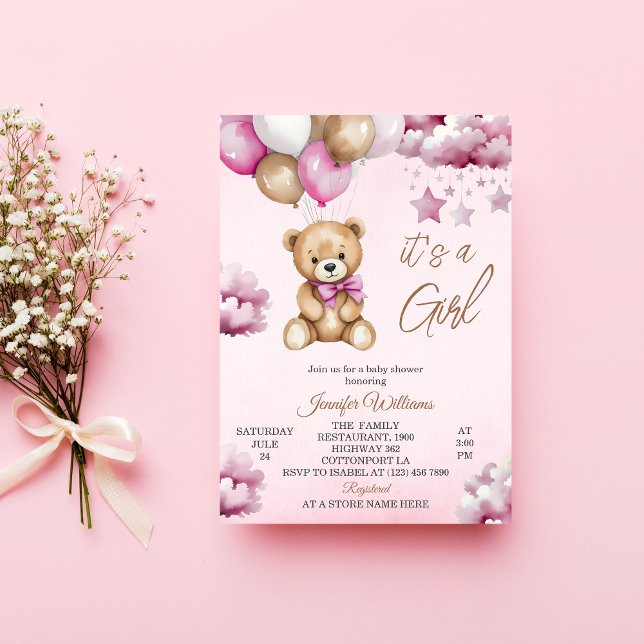 Adorable Pink Balloons Teddy Girl Baby Shower Invitation (Creator Uploaded)