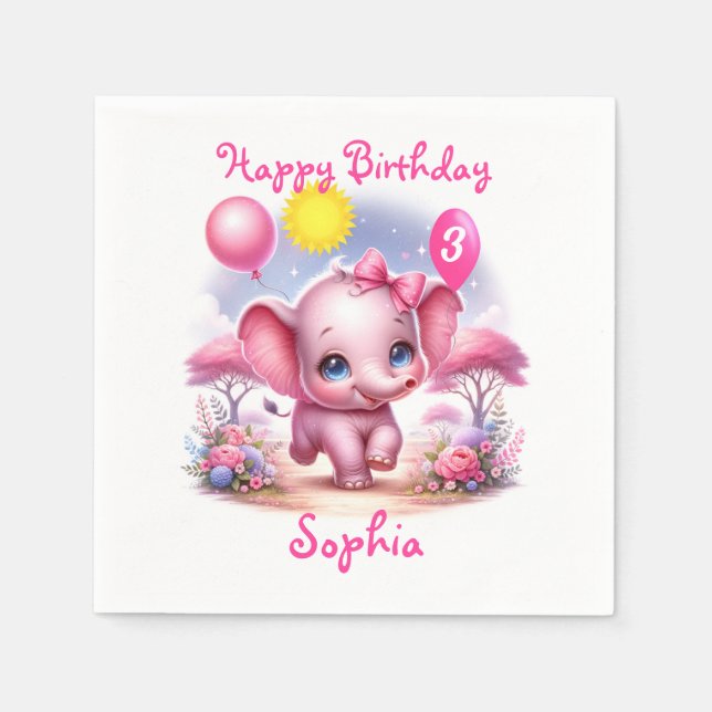 Adorable Pink Birthday Elephant with Balloons Napkin (Front)