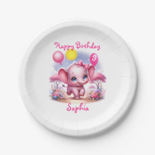 Adorable Pink Birthday Elephant with Balloons Paper Plate