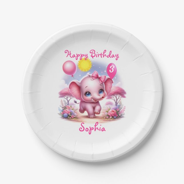 Adorable Pink Birthday Elephant with Balloons Paper Plate (Front)