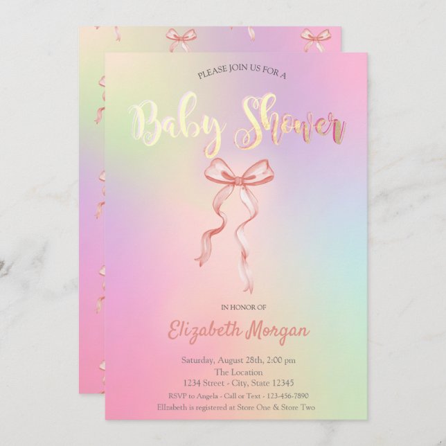 Adorable Pink Bow Holographic Baby Shower Invitation (Front/Back)