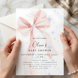 Adorable Pink Bow & Snowflakes Baby Shower  Invitation