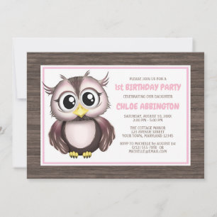 Adorable Pink Brown Owl Birthday Invitations