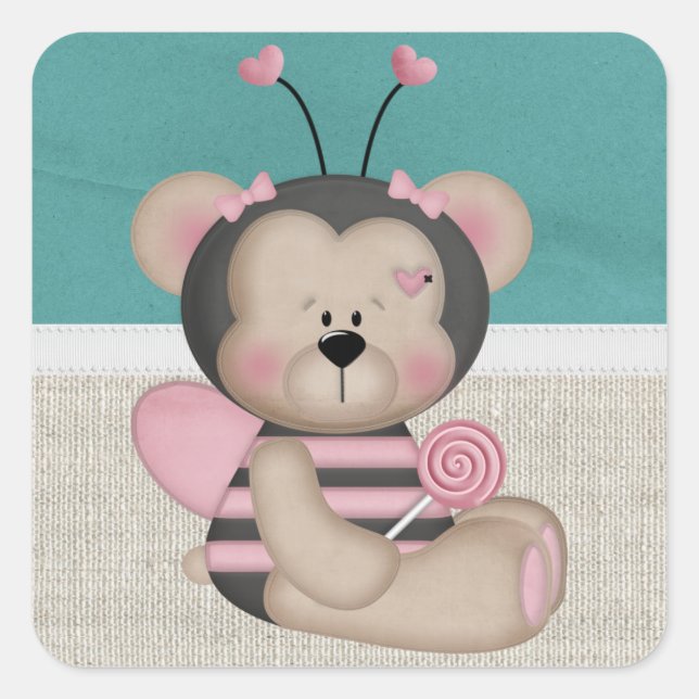 Adorable Pink Bumble Bee Bear Square Sticker (Front)