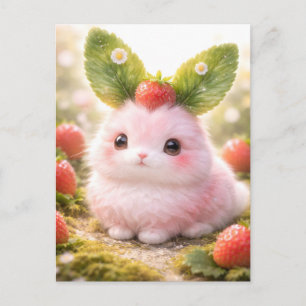Adorable Pink Bunny Character with Strawberry Holiday Postcard