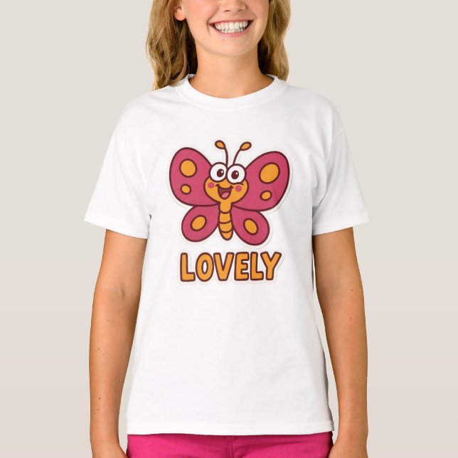 Adorable Pink Butterfly  Cute Cartoon Insect Art  T-Shirt (Front)