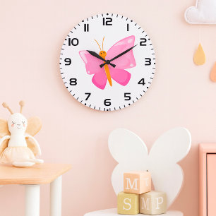 Adorable Pink Cartoon Butterfly Large Clock