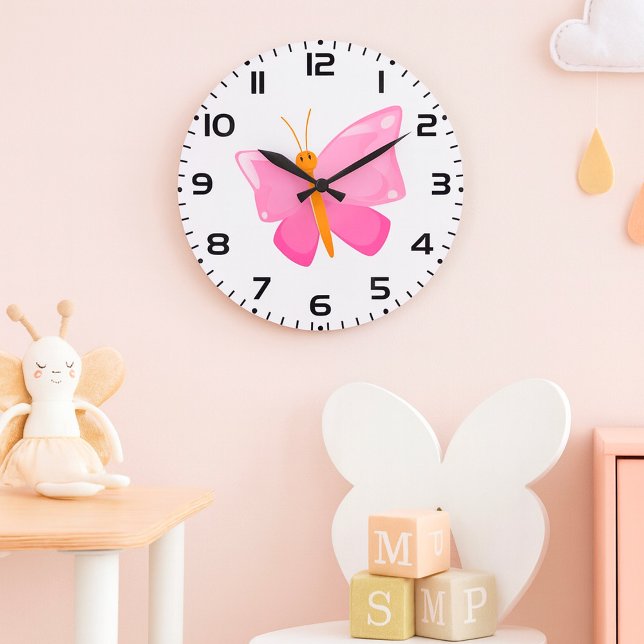 Adorable Pink Cartoon Butterfly  Large Clock (Creator Uploaded)