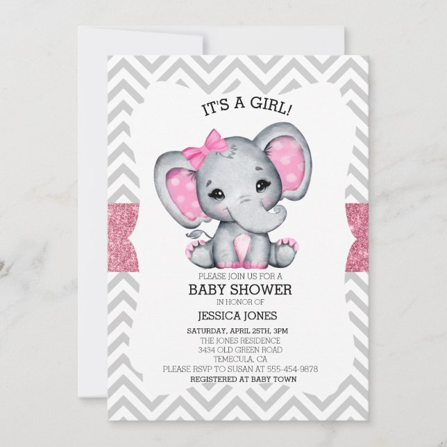 Adorable Pink Elephant Chevron Glitter Baby Shower Invitation (Front)