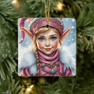 Adorable Pink Elf Festive Christmas Ceramic Ornament