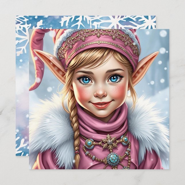 Adorable Pink Elf | Merry Christmas Personalised Holiday Card (Front/Back)