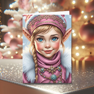 Adorable Pink Elf   Merry Christmas Personalized Holiday Card