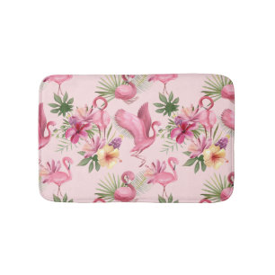 Adorable Pink Flamingo And Exotic Flowers Bath Mat