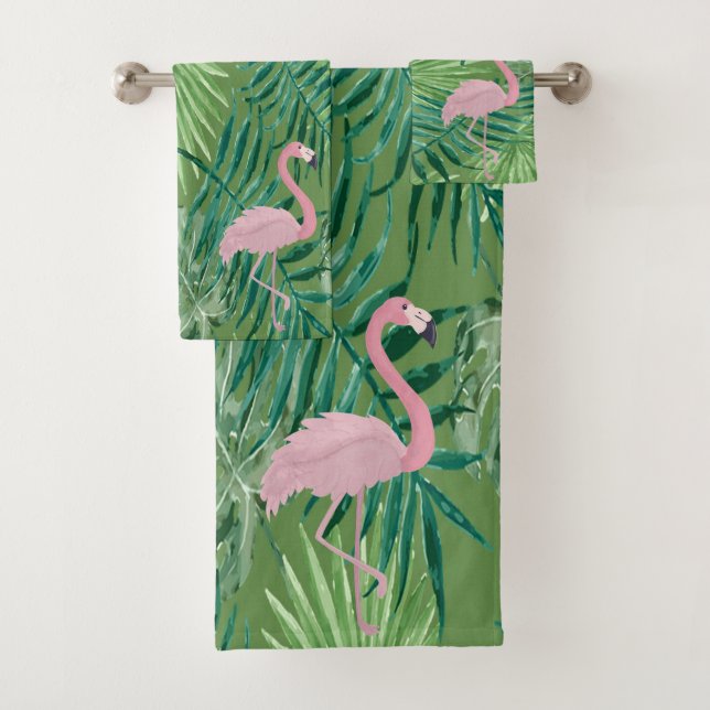 Adorable Pink Flamingo, Palm Leaves Bath Towel Set (Insitu)