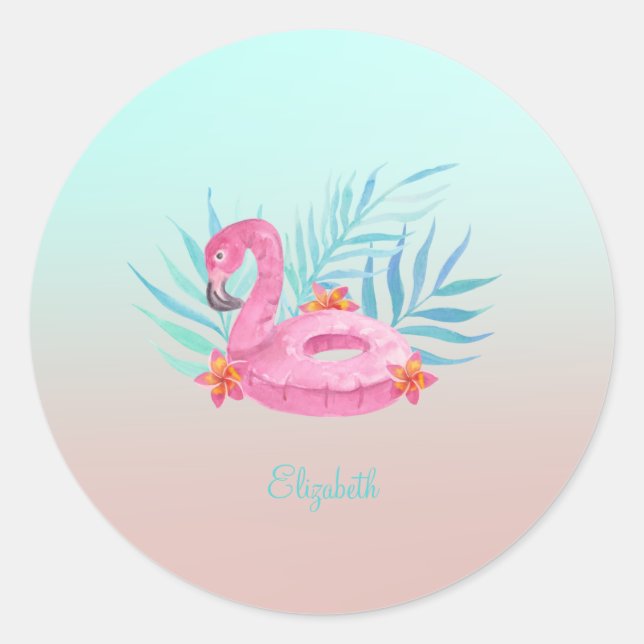 Adorable Pink Flamingo Palm Leaves Classic Round Sticker (Front)