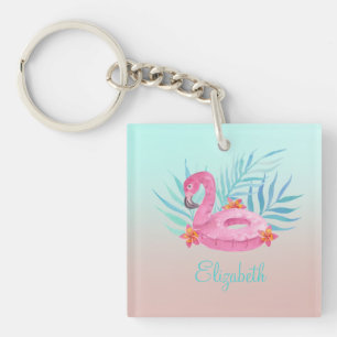 Adorable Pink Flamingo Palm Leaves  Key Ring