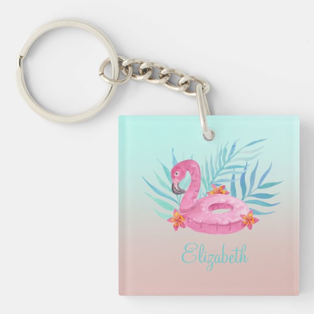 Adorable Pink Flamingo Palm Leaves  Key Ring (Front)