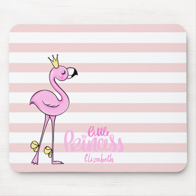Adorable Pink Flamingo Pink White Stripes Mouse Pad (Front)
