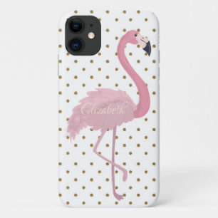 Adorable Pink Flamingo, Polka Dots-Personalised iPhone 11 Case