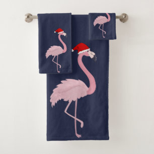 Adorable Pink Flamingo With Santa Hat , Snowflakes Bath Towel Set