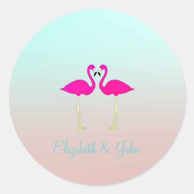 Adorable Pink Flamingos In Love-Personalised Classic Round Sticker (Front)