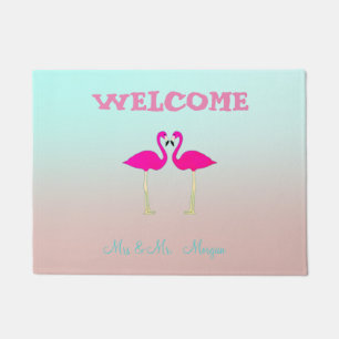Adorable Pink Flamingos In Love-Personalised Doormat