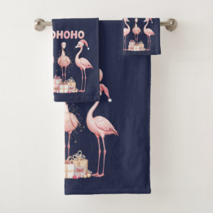 Adorable Pink Flamingos With Presents, Snowflakes Bath Towel Set