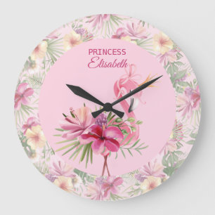Adorable Pink Floral Flamingo Large Clock