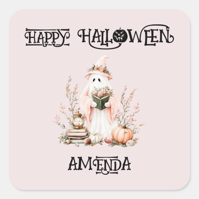 Adorable Pink Floral Kids Halloween Ghost  Square Sticker (Front)