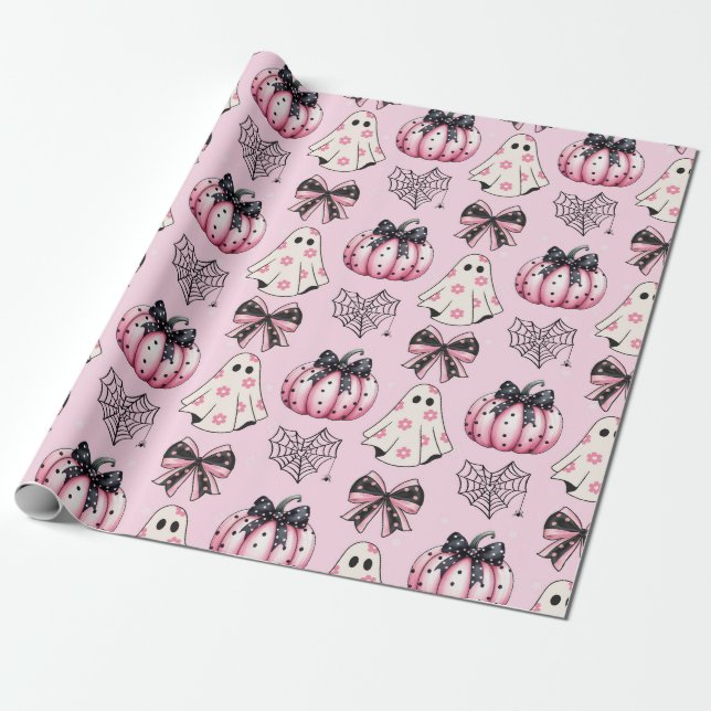 Adorable Pink Ghost and Pumpkin and Bows Halloween Wrapping Paper (Unrolled)