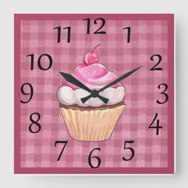Adorable Pink Gingham Cupcake Wall Clock (Front)