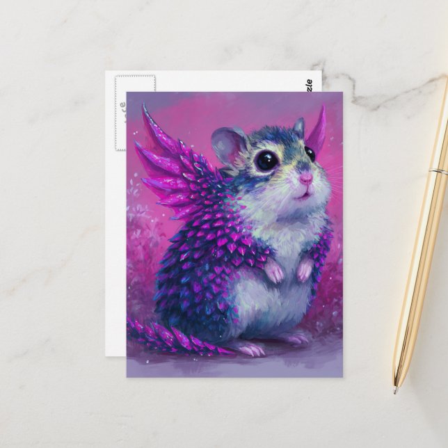 Adorable Pink Hamster Dragon Postcard (Front/Back In Situ)