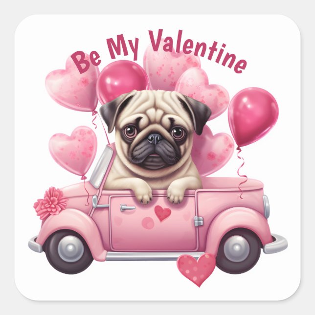 Adorable Pink Heart Balloon Pug Car Valentine Square Sticker (Front)