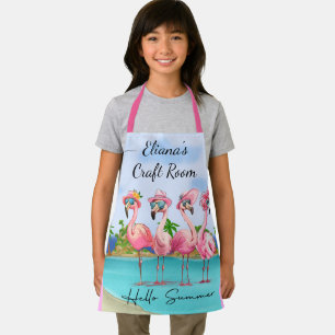 Adorable Pink Hello Summer Flamingos on Beach Kids Apron