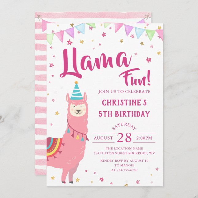 Adorable Pink Llama Fun Birthday Invitation (Front/Back)