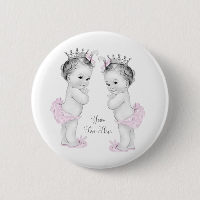 Adorable Pink Princess Twin Baby Girl Button (Front)