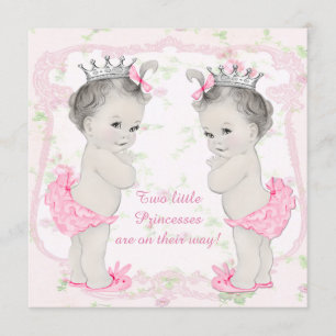 Adorable Pink Princess Twin Baby Shower Invitation