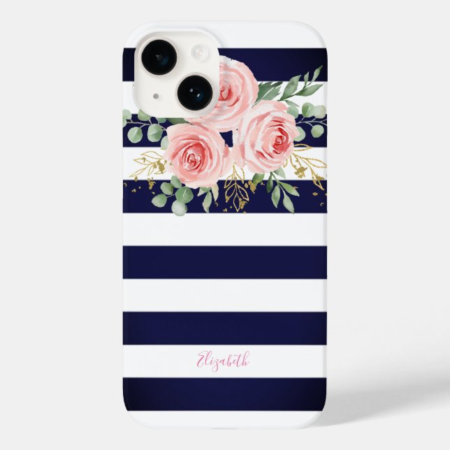 Adorable Pink Roses Navy Blue Stripes Case-Mate iPhone Case (Back)