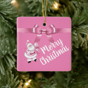 Adorable Pink Santa Merry Christmas Ceramic Ornament
